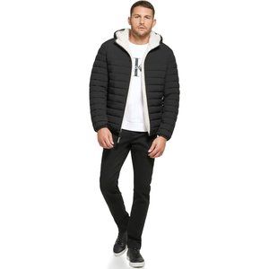 Calvin Klein mens Hooded Down Jacket, Quilted Coat, Sherpa Lined